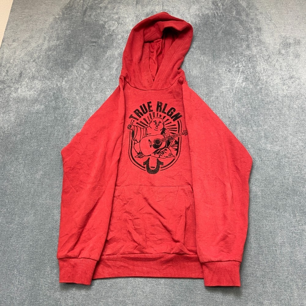 True Religion Hoodie Mens Small Petite Red Fleece Lined Graphic Raglan Sleeve
